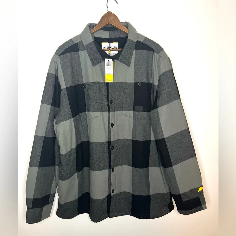 Caterpillar | Flannel Sherpa Lining Black Gray Plaid Shirt Jacket Shacket XL NWT